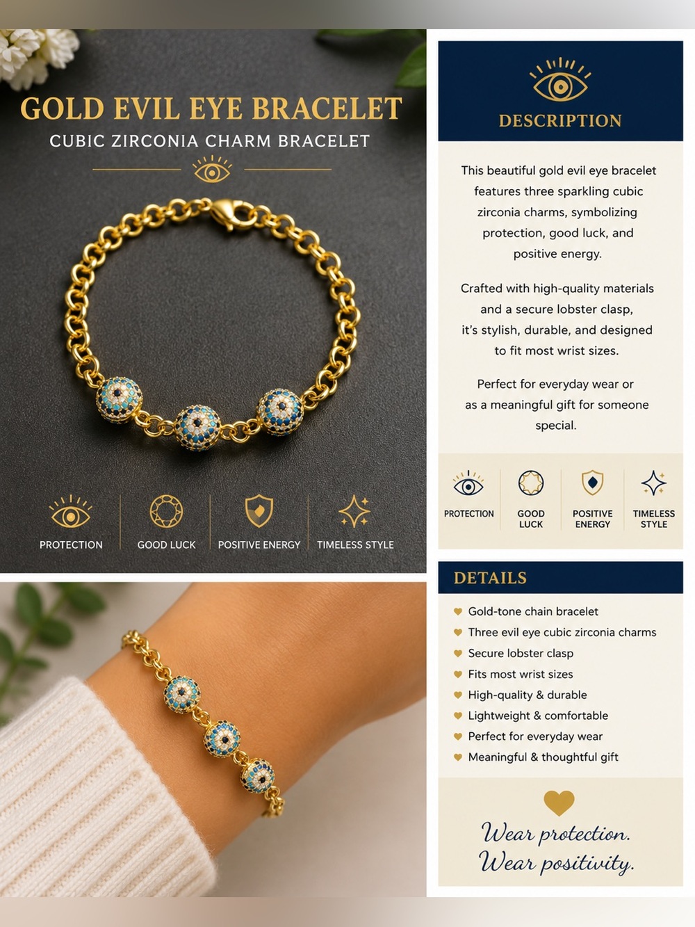 🧿Gold Evil Eye Bracelet with Blue Accents - Elegant Protection Charm🧿